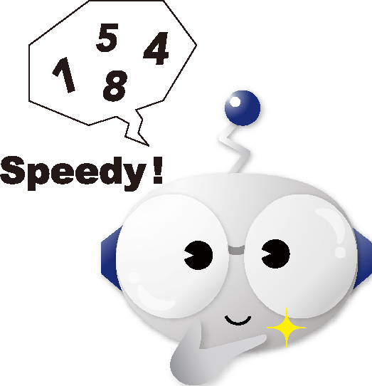 有限会社サンテルのイメージキャラクター「サンテルくん」の画像。サンテルくんの画像の横に「Speedy!」という文字が表示されている。